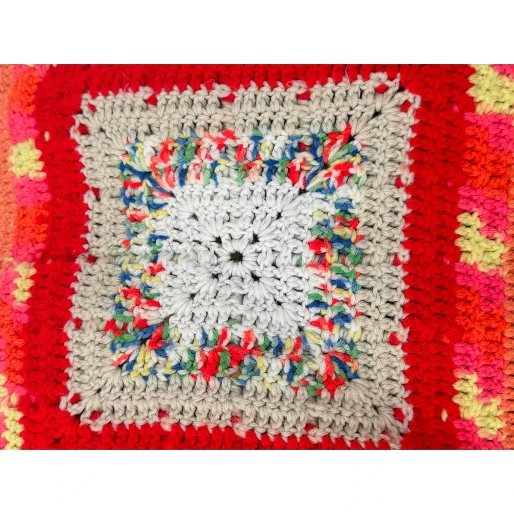 Vintage Granny Square Afghan Blanket Orange Multi Crochet Motifs 95''x115'' L